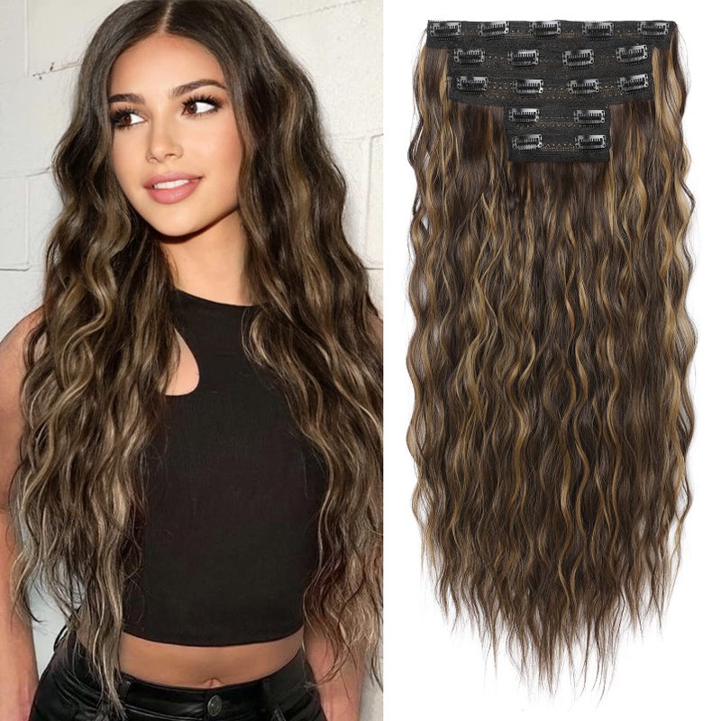 REECHO Clip in Hair Extensions 5PCS Brown Hair Extensions 24 Thick Long Loose Waves hair extensions HE002 Invisible Lace Weft Natural Soft Hairpieces for Women  Dark Brown with Highlights